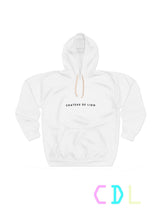 CHATEAU DE LION classic white hoodie with logo text on front of hoodie cdl-hdy-clsc-oo1-wht