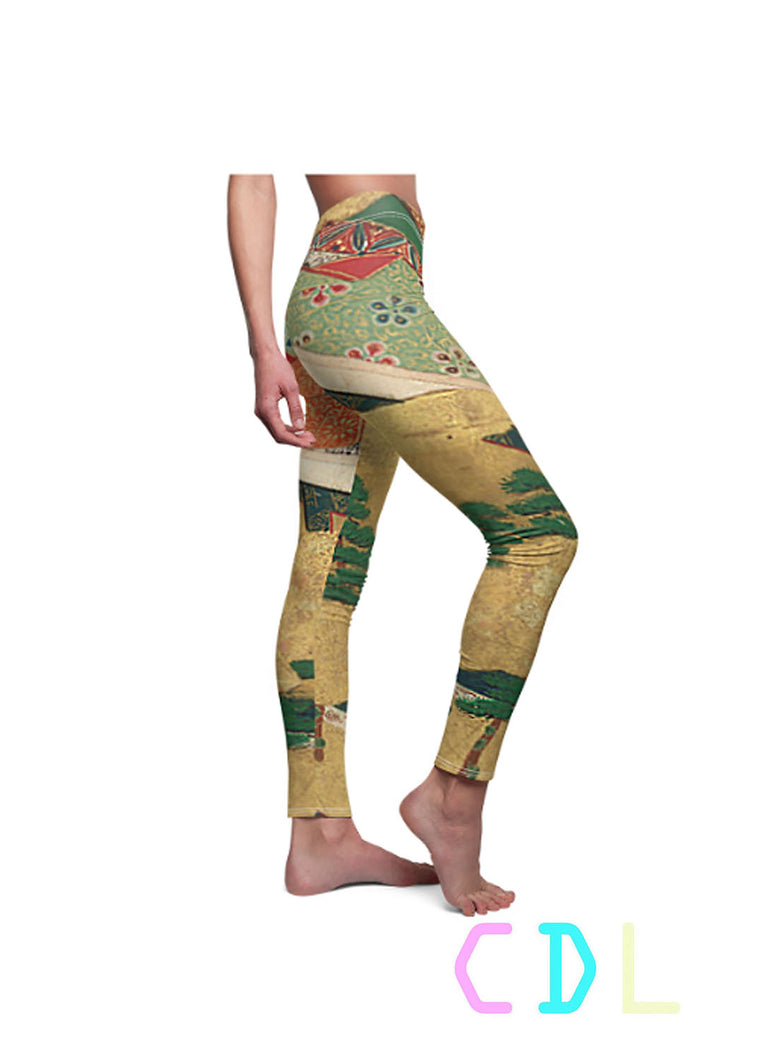 the oak tree leggings made by chateau de lion using a ancient classic japanese print design cdl-legs-oak-001. side view
