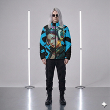 RVR GRL Blue Puffy Jacket by Chateau De Lion featuring cyber punk anime artwork premium luxury fashion worn by male model