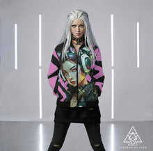 RVR GRL Baby Pink Bomber Jacket by Chateau De Lion featuring cyber punk anime artwork premium luxury fashion worn by female model