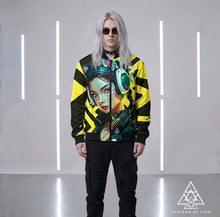 RVR GRL Yellow  Bomber Jacket by Chateau De Lion featuring cyber punk anime artwork premium luxury fashion worn by male model