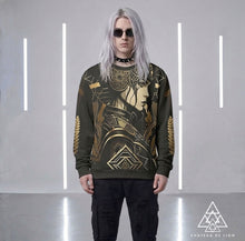 Athena Diamond sweatshirt by Chateau De Lion featuring gold Athena Goddess Warrior artwork on black premium luxury fashion design 
worn by male model