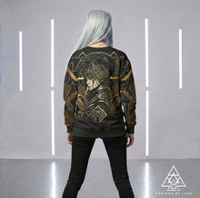 Athena Diamond sweatshirt by Chateau De Lion featuring gold Athena Goddess Warrior artwork on black premium luxury fashion design 
worn by female model