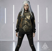Athena Diamond sweatshirt by Chateau De Lion featuring gold Athena Goddess Warrior artwork on black premium luxury fashion design 
worn by female model