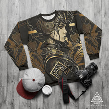 Athena Diamond sweatshirt by Chateau De Lion featuring gold Athena Goddess Warrior artwork on black premium luxury fashion design 