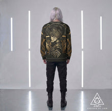 Athena Diamond sweatshirt by Chateau De Lion featuring gold Athena Goddess Warrior artwork on black premium luxury fashion design 
worn by male model