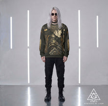 Athena Diamond sweatshirt by Chateau De Lion featuring gold Athena Goddess Warrior artwork on black premium luxury fashion design 
worn by male model