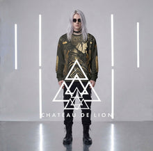 Athena Diamond sweatshirt by Chateau De Lion featuring gold Athena Goddess Warrior artwork on black premium luxury fashion design 
worn by male model