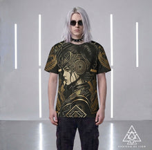 Athena Forever T Shirt by Chateau De Lion featuring gold Athena Goddess Warrior artwork on black premium luxury fashion design worn by male model