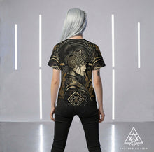 Athena Forever T Shirt by Chateau De Lion featuring gold Athena Goddess Warrior artwork on black premium luxury fashion design worn by female model