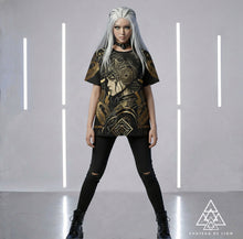 Athena Forever T Shirt by Chateau De Lion featuring gold Athena Goddess Warrior artwork on black premium luxury fashion design worn by female model