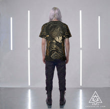 Athena Forever T Shirt by Chateau De Lion featuring gold Athena Goddess Warrior artwork on black premium luxury fashion design worn by male model