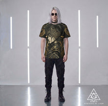 Athena Forever T Shirt by Chateau De Lion featuring gold Athena Goddess Warrior artwork on black premium luxury fashion design worn by male model