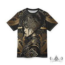 Athena Forever T Shirt by Chateau De Lion featuring gold Athena Goddess Warrior artwork on black premium luxury fashion design 