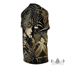 Athena Forever T Shirt by Chateau De Lion featuring gold Athena Goddess Warrior artwork on black premium luxury fashion design 