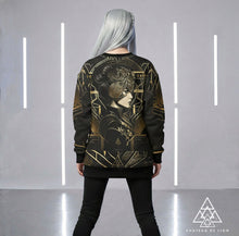 Athena Fractal black and gold graphic sweatshirt female model wearing futuristic goddess streetwear pullover by Chateau De Lion back view platinum hair 