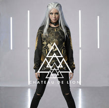 Athena Fractal black and gold graphic sweatshirt female model wearing futuristic goddess streetwear pullover by Chateau De Lion front view platinum hair blue eyes