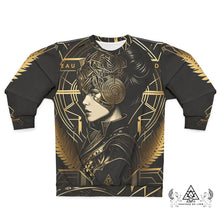 Athena Fractal black and gold graphic sweatshirt futuristic goddess streetwear pullover by Chateau De Lion front view 