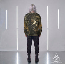 Athena Love sweatshirt by Chateau De Lion featuring gold Athena Goddess Warrior artwork on black premium luxury fashion design modeled by male model