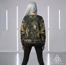 Athena Love sweatshirt by Chateau De Lion featuring gold Athena Goddess Warrior artwork on black premium luxury fashion design modeled by female model
