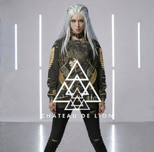 Athena Love sweatshirt by Chateau De Lion featuring gold Athena Goddess Warrior artwork on black premium luxury fashion design modeled by female model