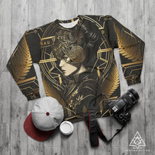 Athena Love sweatshirt by Chateau De Lion featuring gold Athena Goddess Warrior artwork on black premium luxury fashion design 