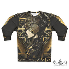 Athena Love sweatshirt by Chateau De Lion featuring gold Athena Goddess Warrior artwork on black premium luxury fashion design 