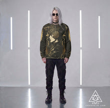 Athena Love sweatshirt by Chateau De Lion featuring gold Athena Goddess Warrior artwork on black premium luxury fashion design modeled by male model