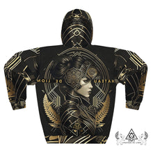 Athena Matrix black and gold graphic hoodie  futuristic goddess streetwear pullover by Chateau De Lion back view
