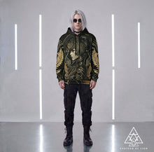 Athena Matrix black and gold graphic hoodie male model wearing futuristic goddess streetwear pullover by Chateau De Lion front view platinum hair  black sunglasses