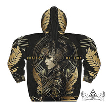 Athena Matrix black and gold graphic hoodie  futuristic goddess streetwear pullover by Chateau De Lion front view