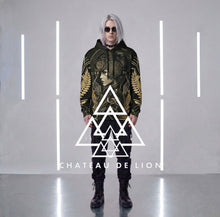 Athena Matrix black and gold graphic hoodie male model wearing futuristic goddess streetwear pullover by Chateau De Lion front view platinum hair  black sunglasses