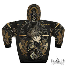 Athena Siren Hoodie by Chateau De Lion featuring gold Athena Goddess Warrior artwork on black premium luxury fashion design 