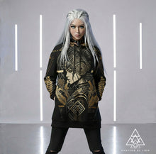 Athena Siren Hoodie by Chateau De Lion featuring gold Athena Goddess Warrior artwork on black premium luxury fashion design worn by female model