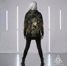 Athena Siren Hoodie by Chateau De Lion featuring gold Athena Goddess Warrior artwork on black premium luxury fashion design worn by female model