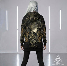 Athena Siren Hoodie by Chateau De Lion featuring gold Athena Goddess Warrior artwork on black premium luxury fashion design worn by female model