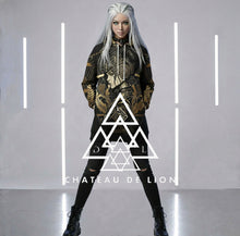 Athena Siren Hoodie by Chateau De Lion featuring gold Athena Goddess Warrior artwork on black premium luxury fashion design worn by female model