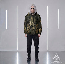 Athena Siren Hoodie by Chateau De Lion featuring gold Athena Goddess Warrior artwork on black premium luxury fashion design worn by male model