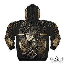 Athena Siren Hoodie by Chateau De Lion featuring gold Athena Goddess Warrior artwork on black premium luxury fashion design 