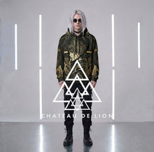 Athena Siren Hoodie by Chateau De Lion featuring gold Athena Goddess Warrior artwork on black premium luxury fashion design worn by male model