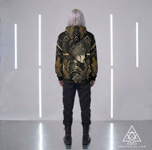 Athena Siren Hoodie by Chateau De Lion featuring gold Athena Goddess Warrior artwork on black premium luxury fashion design worn by male model