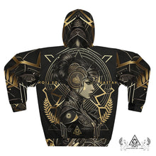 Athena Spoken Hoodie by Chateau De Lion featuring gold Athena Goddess Warrior artwork on black premium luxury fashion design 