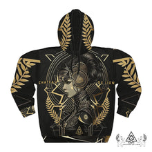 Athena Spoken Hoodie by Chateau De Lion featuring gold Athena Goddess Warrior artwork on black premium luxury fashion design 