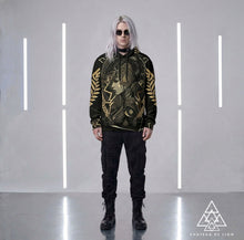 Athena Spoken Hoodie by Chateau De Lion featuring gold Athena Goddess Warrior artwork on black premium luxury fashion design worn by male model