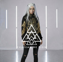Athena Spoken Hoodie by Chateau De Lion featuring gold Athena Goddess Warrior artwork on black premium luxury fashion design worn by female model