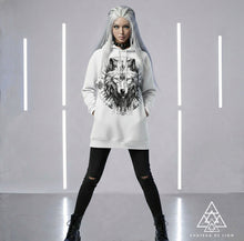 Bohemian Snow Lion by Chateau De Lion featuring cyber punk anime artwork premium luxury fashion worn by female model