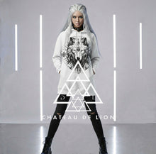 Bohemian Snow Lion by Chateau De Lion featuring cyber punk anime artwork premium luxury fashion worn by female model