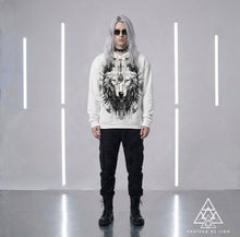 Bohemian Snow Lion by Chateau De Lion featuring cyber punk anime artwork premium luxury fashion worn by male model