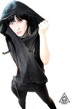 the road warrior hooded vest made of fine medium weight itaian cotton and lamb skin  mady by chateau de lion cdl-hd-vst-rwr-01.   front view