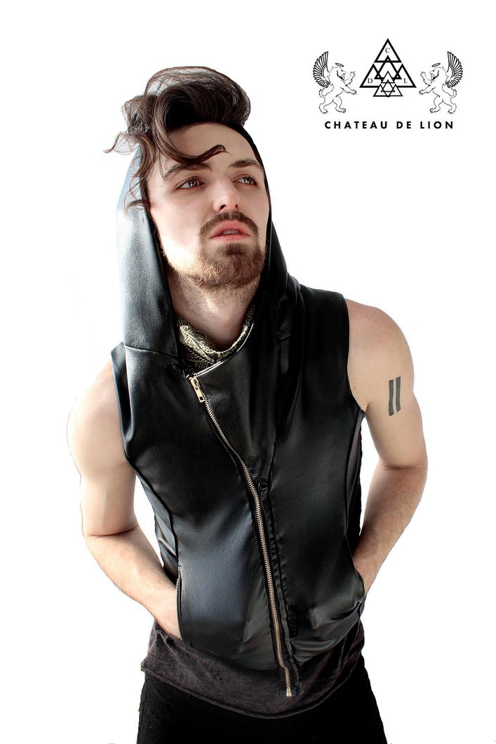 the cyber punk hooded vest jacket made by chateau de lion   cdl-vst-cybr-hd-blk